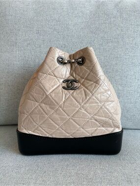 Authentic CHANEL Beige Black Small Gabrielle Quilted Chain Backpack